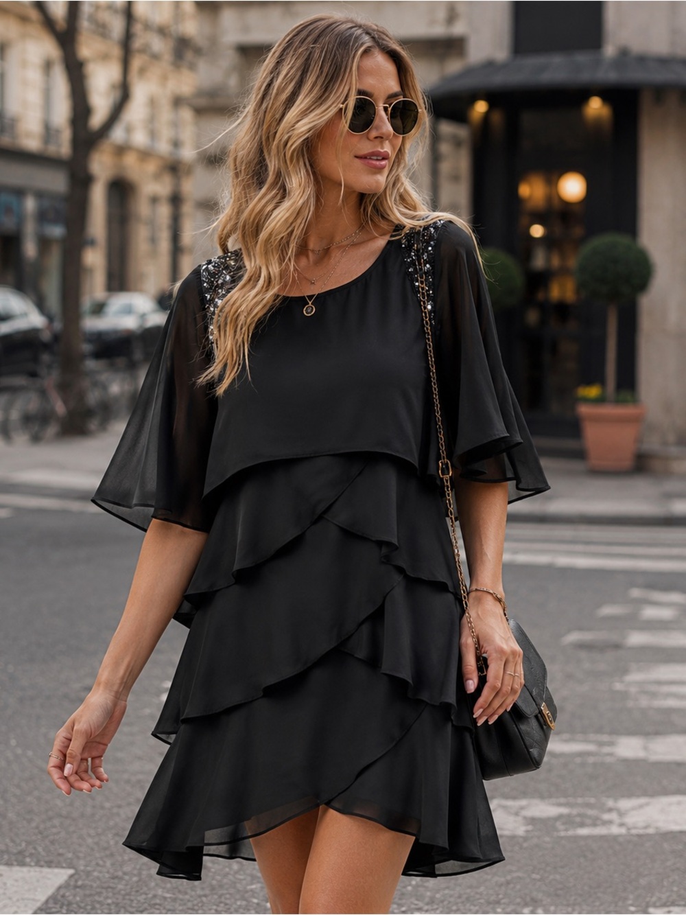 SLNY embellished ruffle dress July sale